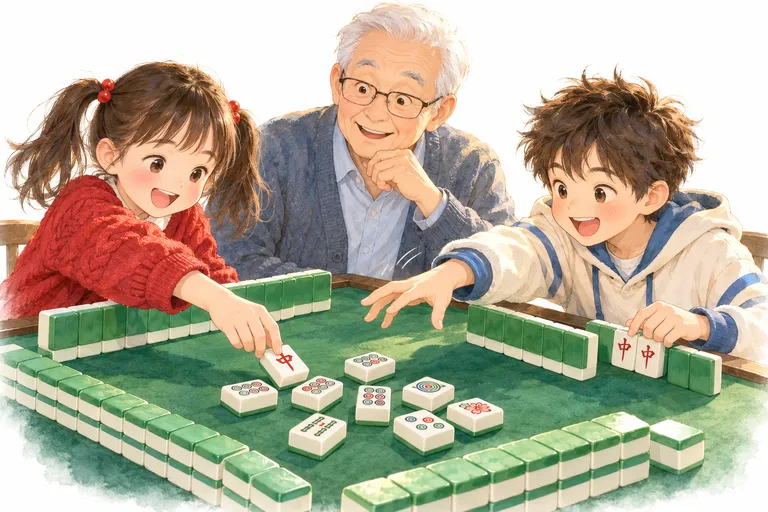 孫女剛打出一張牌,孫子興奮地伸手去拿,同時亮出兩張一樣的牌湊成刻子
