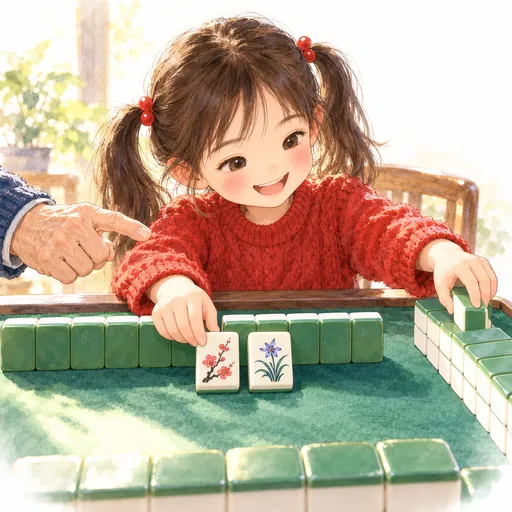 孫女把畫著梅花的花牌亮在手牌旁邊,另一隻手從牌牆尾端補一張牌