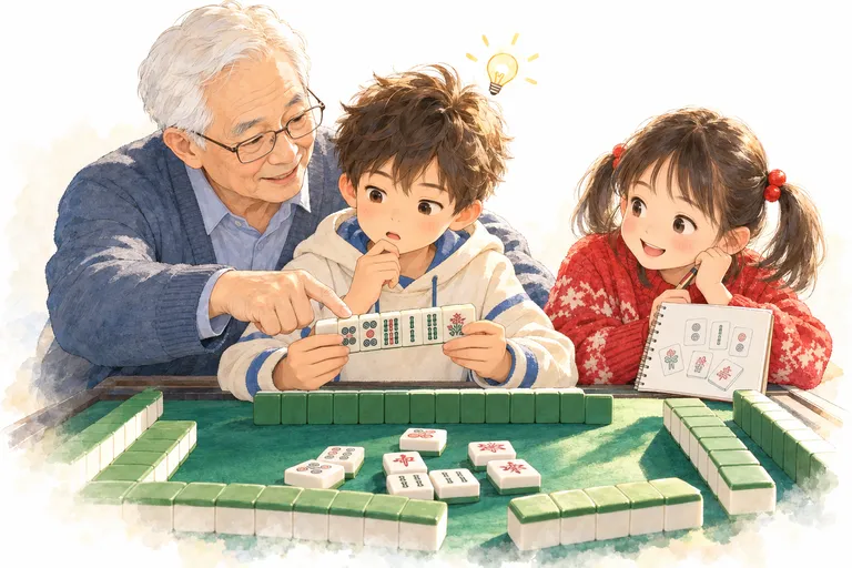 孫子拿著手牌猶豫要打哪一張,爺爺在他身後輕輕指著其中一張,孫女拿著畫滿牌的小本子