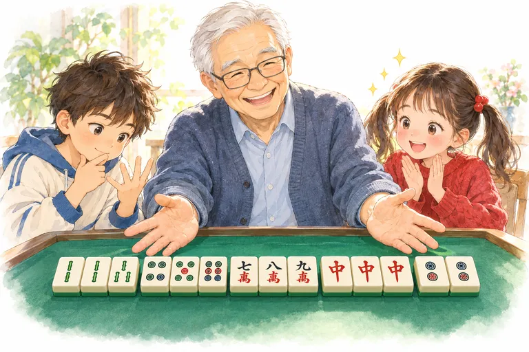 爺爺把十四張和牌攤開在綠色檯布上,孫子扳著手指數番,孫女開心地拍手